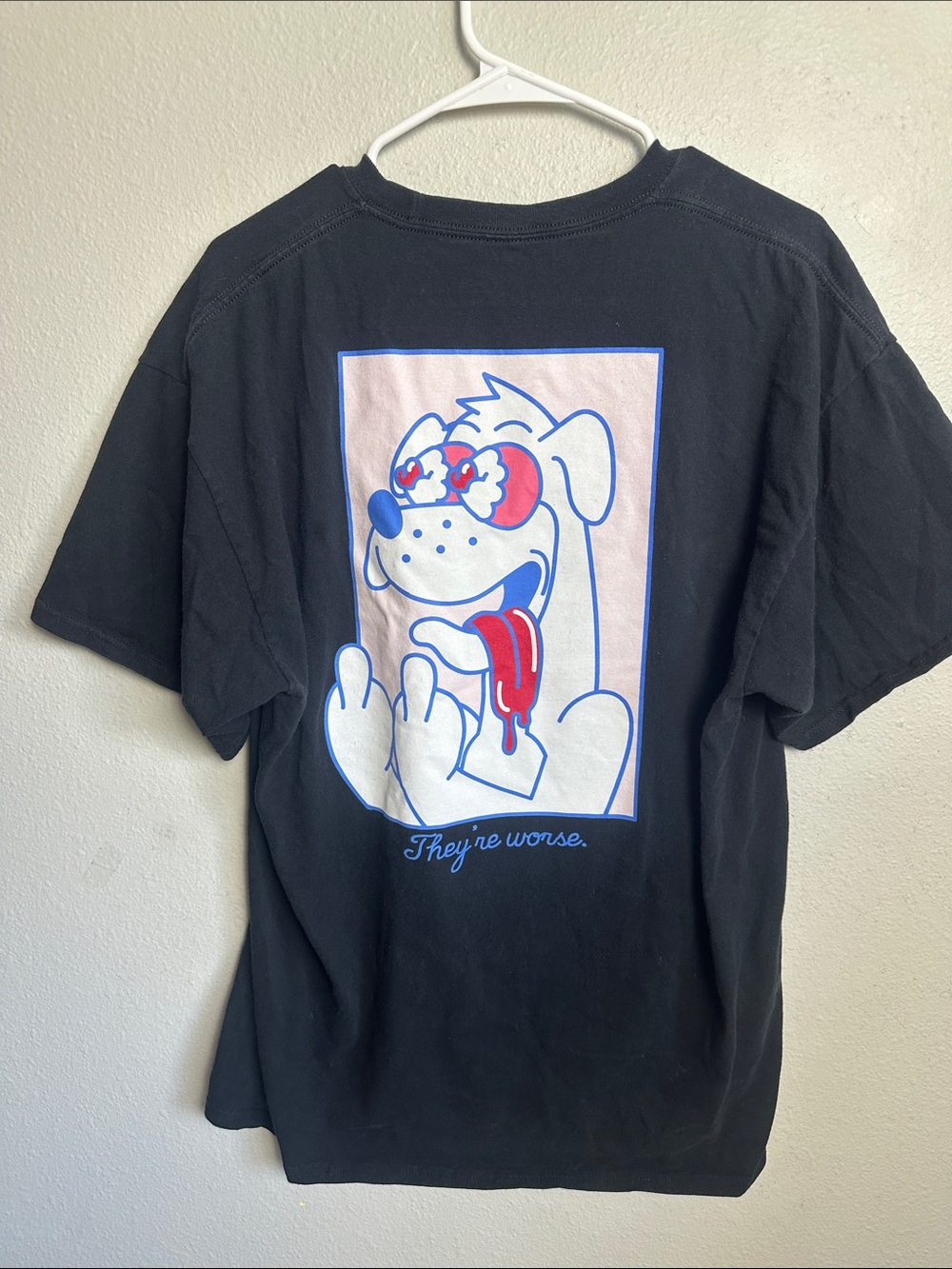 Alab funny middle finger Black Graphic Dog Tee with Red & Blue Artwork